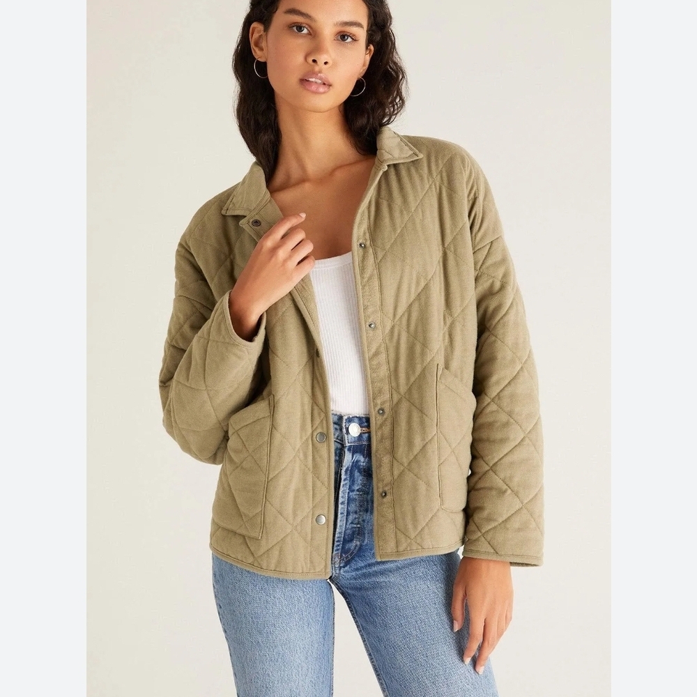 Z Supply Maya Quilted Utility Jacket in Khaki S Sage Grewn Button Snap Pockets